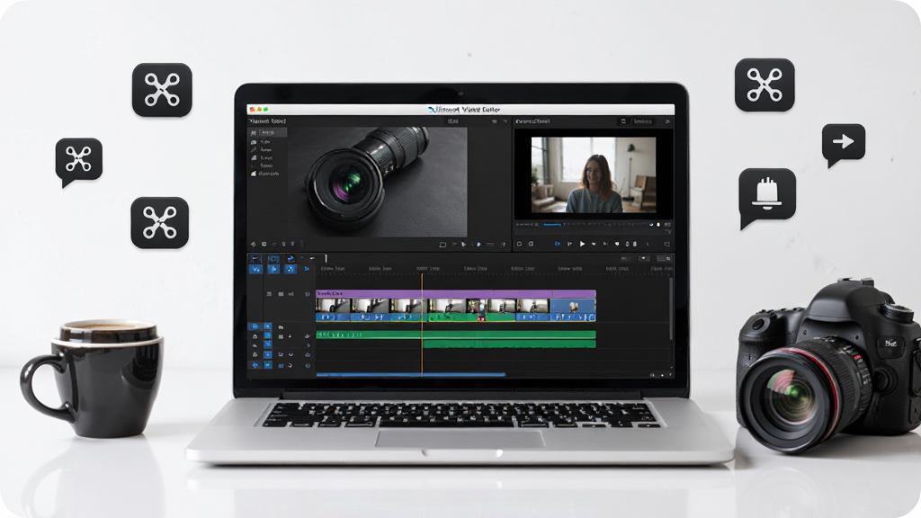 ��������Ϊһ̨������Xilisoft Video Editor�ıʼǱ����ԣ���Ļ��չʾ����������Ƶ����ʱ����Ͷ����زģ��Ա߰ڷ���һ�����Ⱥ�һ̨�������������Ϊ���Ծ��У���Χɢ���ż�����ص�ͼ��Ԫ�ء��Ű����࣬����ִ���Լ��ϸ����ͻ�����������еļ��������Ԥ�����ڡ����ʸ��壬�ɾ��޶���Ԫ�ء�
