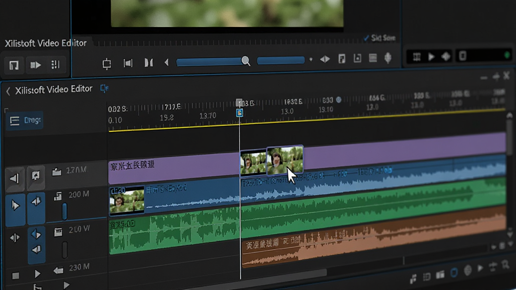 ��ʾXilisoft Video Editor�����༭�������д��ʱ�������в�ͬ��ɫ����Ƶ�졢��Ƶ������ֹ죬��������϶�Ƭ�Ρ�������ʱ����Ϊ�����Ϸ�ΪԤ�����ڡ��Ű�רҵ�����дʵ��ϸ�����ֹ�������ɫ�����֡������������޶���Ԫ�ء�