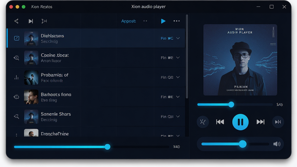 ���壺Xion audio player�������棬չʾ��ɫ�����µĲ����б��;�������塣���֣����Ϊ�����б����Ҳ�Ϊר������Ͳ��ſ��ư�ť��������������Ű棺�������񲼾֣�����������ͼ�����Է�񡣷���ִ���ƽ�����������ɫ���䣬�߹��׺��ϸ�ڣ����Ž���������ӫ������������������Բ�󣬴��ڱ�Ե��ϸ΢��Ӱ�����ʣ�������Ⱦ���ɾ����޶���Ԫ�ء�