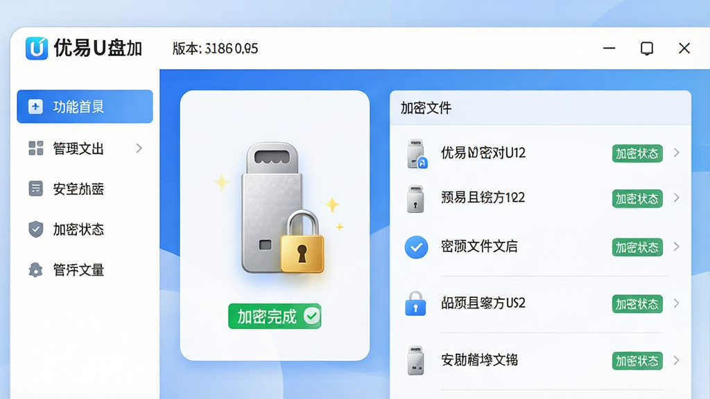���壺����U�̼������������棬չʾ����U��ͼ�������ΰ�ȫ��ʶ�����֣���๦�ܵ��������Ҳ�����ļ��б���������ʾ����LOGO��汾��Ϣ���Ű棺�������Ŀ�Ƭʽ���֣����ܷ�������������ִ��Ƽ��У�������ɫ����������ͽ��䱳����ϸ�ڣ���������ʾ��������ɡ���ɫ��ʾ��U��ͼ����н�ɫ��ͷ���ļ��б���ʾ����״̬��ǩ�����ʣ�������Ⱦ���ɾ��޶���Ԫ��