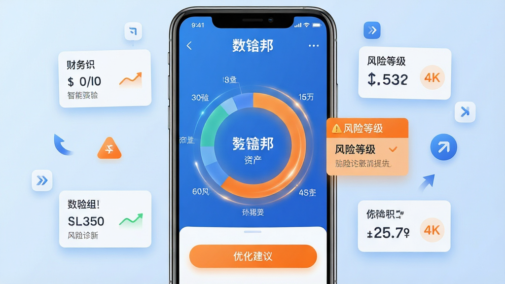 ���壺���װ�APP��������Ϲ��ܽ��棬��Ļ������ʾ�����ʲ��ֲ�ͼ���Ա��з��յȼ���ʾ�����֣��ֻ���Ļռ�ݻ������ģ���Χ�����������Ĳ������ݿ�Ƭ�ͼ�ͷͼ�꣬����Ϊ����ɫ���䡣�Ű棺����ͼ���������ݱ�ǩ�������У��ײ��С��Ż����顱��ť�������������磬������ɫ���������ɫ����Ԫ�ء�ϸ�ڣ�ͼ�����ж�̬����Ч������Ƭ��Ե��ϸ΢��Ӱ���������������ʣ�4K���壬����ɾ����޶���Ԫ�ء�