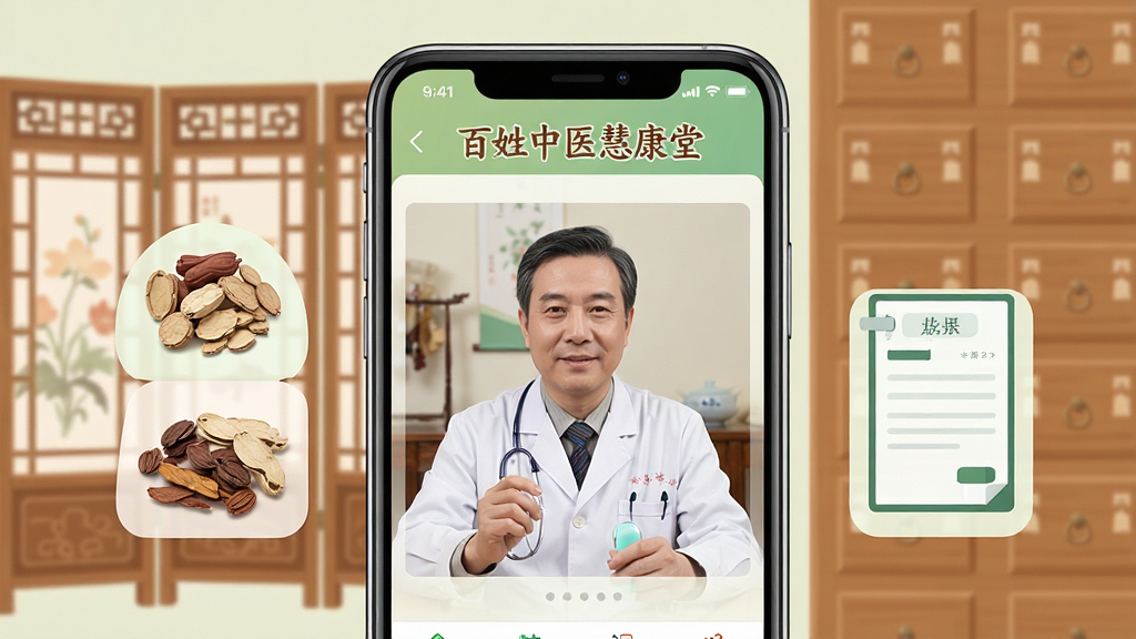 ��������Ϊ��������ҽ�ۿ��á�APP�������ֻ�������д����Ļ����ʾһλ��ҽʦ���ڽ�����Ƶ����Ա�����ҩҩ�ĺ͵��Ӵ������ͼ�ꡣ����Ϊ���ŵ���ʽ������ҩ�����岼�ֲ������ҶԳƽṹ���Ű����������Ϊдʵ���ƽ����ϣ�ɫ����ůľɫ�͵���ɫΪ����ͻ����ҽ���º��뽡����ϸ���ϣ��ֻ���Ļ�����������ɱ棬���ʸ��壬�ɾ��޶���Ԫ�ء�