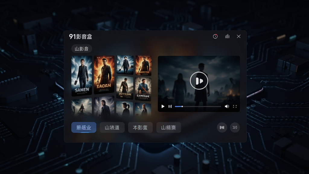 画面主体为91影音盒软件界面悬浮在深色科技感背景之上,界面展示电影海报墙与播放窗口,布局居中,排版清爽,风格现代简约,细节包含播放按钮、清晰分类标签,画质高清,干净无多余元素