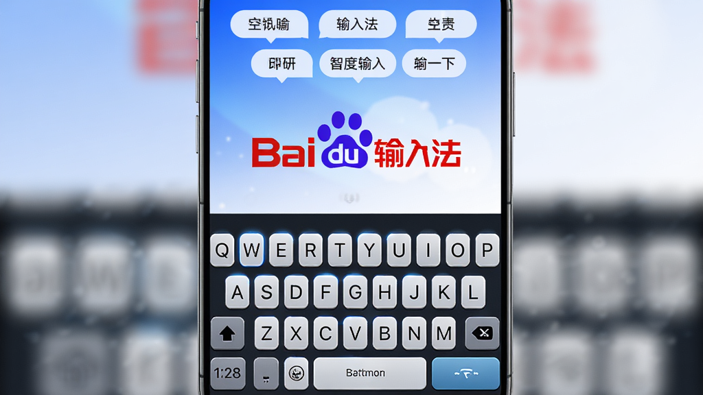 竖版海报风格,主体为“百度输入法”品牌标识与手机键盘界面,背景采用蓝白渐变,键盘按键立体感强,上方悬浮智能联想词条,整体布局居中,排版简洁,风格现代科技感,细节呈现高清键帽与光影效果,画质干净,无多余元素。