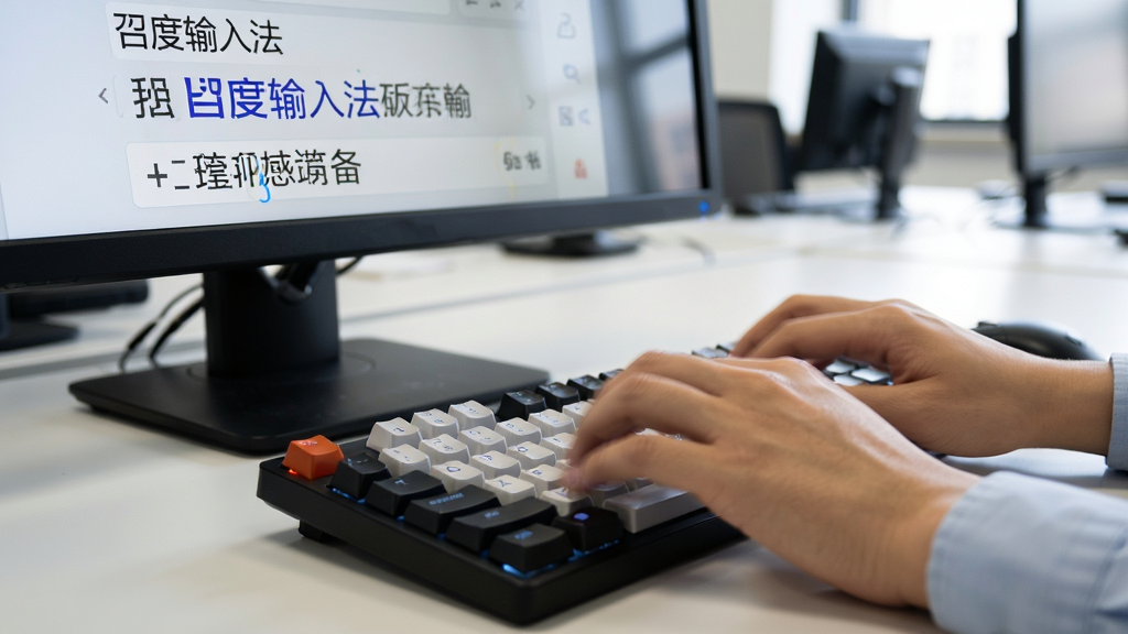 电脑屏幕前,双手正在键盘上快速打字,屏幕显示“百度输入法”输入界面,候选词条精准匹配,背景为办公室环境,布局聚焦键盘与屏幕,排版清晰,风格写实,细节呈现按键光泽与屏幕反光,画质高清,干净无多余元素。