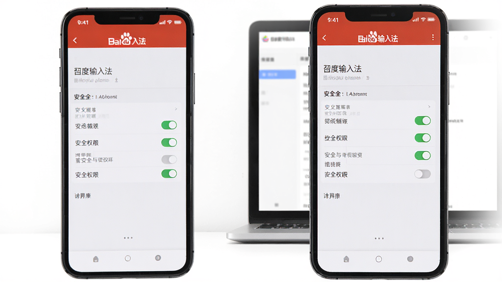 手机与电脑并排摆放,屏幕均显示“百度输入法”设置界面,强调安全与权限选项,背景简洁白色,布局对称,排版清晰,风格极简,细节突出开关按钮与文字,画质干净,无多余元素。