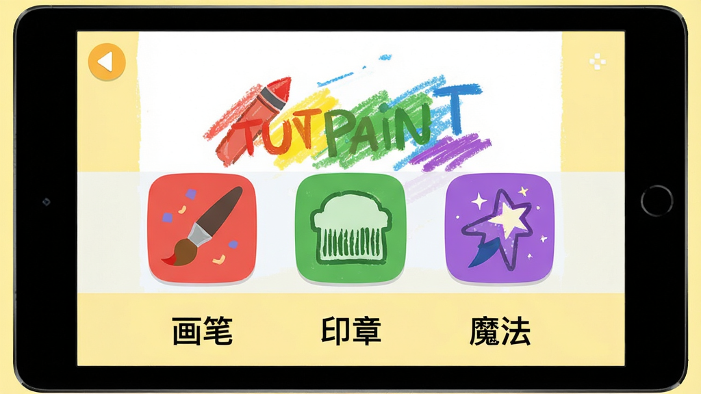 主体:一个平板电脑屏幕上显示Tux Paint的绘画界面,界面中有一排彩色工具图标。布局:平板电脑居中,屏幕内容清晰可见。排版:屏幕下方有“画笔”、“印章”、“魔法”等文字标签。风格:扁平化UI设计,色彩鲜艳,背景为淡黄色。细节:画笔工具图标为红色,印章工具为绿色,魔法工具为紫色,界面干净整洁。画质:高清,细腻,无多余元素。