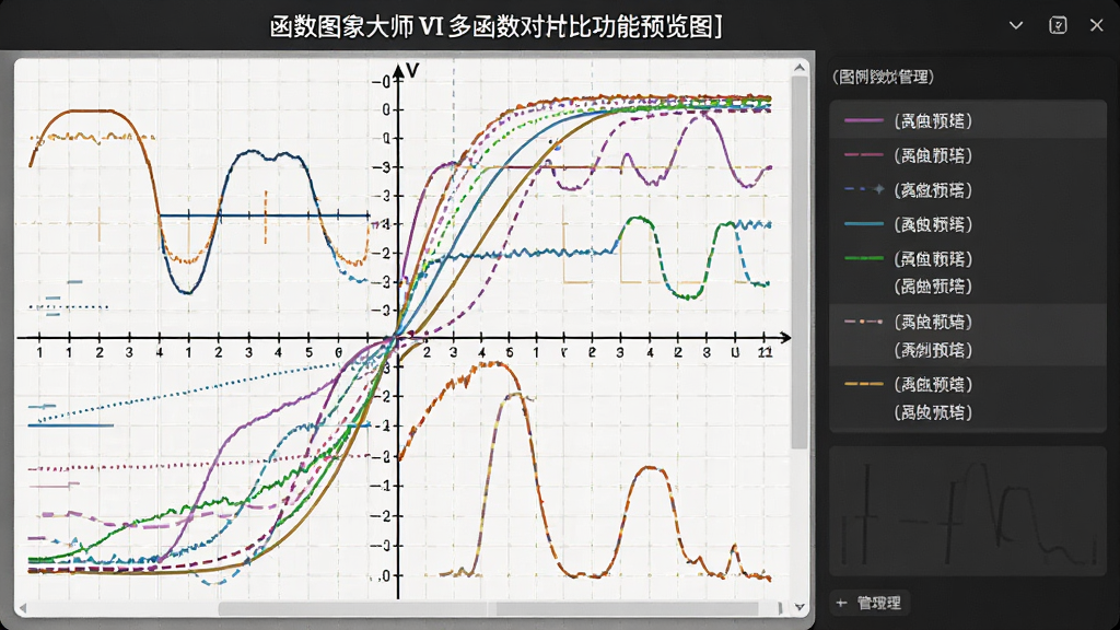 函数图像大师VI多函数对比功能预览图,画面中央坐标系上同时显示多条不同颜色和线型的函数曲线,右侧有图例管理面板,每条曲线清晰可辨,背景为浅色网格,布局专业,排版规整,细节精准,画质干净。