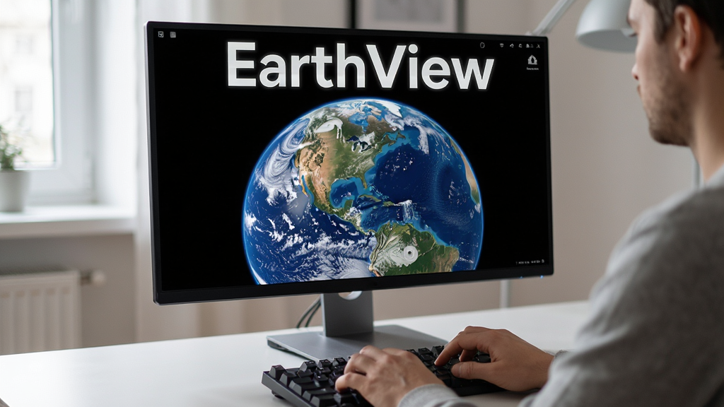 主体:用户正在电脑上操作EarthView,屏幕显示地球壁纸;布局:电脑位于画面中央,用户手触键盘;排版:屏幕上方有“EarthView”字样;风格:写实摄影风格;细节:屏幕中地球细节丰富,室内光线柔和;画质:高清,干净无杂物