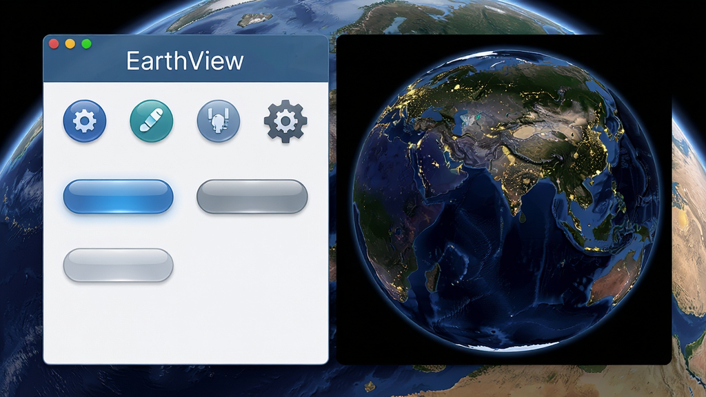 主体:电脑桌面显示EarthView软件界面,背景为高清地球卫星图;布局:界面左侧为设置面板,右侧为地球预览;排版:界面顶部有“EarthView”字样,下方排列功能图标;风格:扁平化与拟物结合,现代感强;细节:地球图像清晰,城市灯光可见,界面按钮有光泽;画质:高清,干净整洁