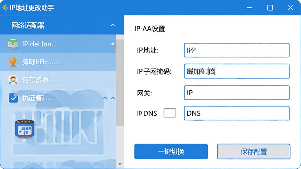 图片展示IP地址更改助手的主界面,界面简洁清晰,左侧为网络适配器列表,右侧为IP参数设置区域,包含IP地址、子网掩码、网关、DNS输入框,底部有“一键切换”和“保存配置”按钮,整体风格现代扁平,蓝白配色,干净无多余元素,画质高清。