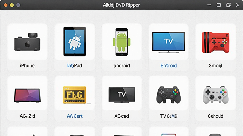 ����ΪAlldj DVD Ripper��ʽѡ����棬������������iPhone��iPad����׿�ֻ������ӡ���Ϸ�����豸ͼ�꣬ÿ��ͼ���·���ע��Ӧ��ʽ������Ϊǳ��ɫ����������Ƽ�����ˣ����ʸɾ����޶���Ԫ��