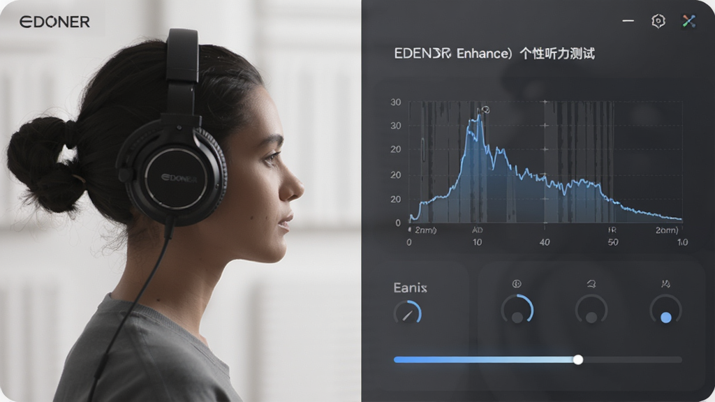 EDIFIER Enhance 个性化听力测试界面,主体为佩戴耳机的用户侧影与频响曲线图,布局左右分栏,排版直观,风格简约现代,细节包含左右耳独立调节选项与测试进度条,画质柔和干净,无多余元素