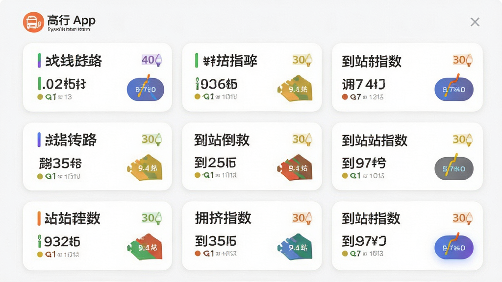 ����Ϊ����App�ڵ�ʵʱ����ҳ�棬����Ϊ�б�ʽ��Ƭ���У�ÿ�ſ�Ƭ��ʾ��·���ơ���վ����ʱ��ӵ��ָ��ͼ�꣬�Ű��������򣬷�����»��ã�ϸ�ڰ�����ɫ��·��ʶ�붯̬ˢ�°�ť�������������ɾ��޶���Ԫ��