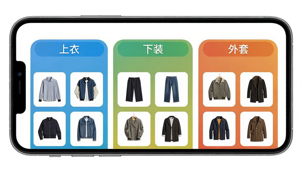 ���¼����������棬�ֻ���Ļ����ʾ��ͬ����ǩ�硰���¡�������װ���������ס���ÿ���·�����������ͼ��������ÿ�Ƭʽ���֣�ɫ�ʷ�����ȷ������Ϊ���ף������������޶���Ԫ��