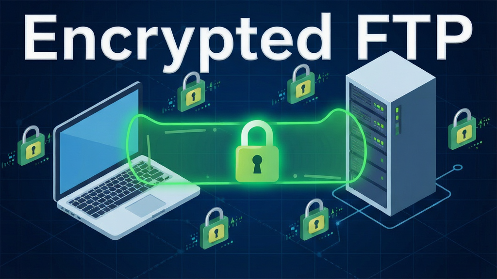 һ��չʾEncrypted FTP���ݴ�����ܹ��̵�ʾ��ͼ��������һ̨�ʼǱ�������һ̨������֮��ͨ��һ���������ɫ�����������ӣ�������Χɢ����һЩ����ס�����ݰ�ͼ�꣬����Ϊ����ɫ�Ƽ������񣬲������ҶԳƣ�����ƽ����ϸ�ڷḻ�����ʸ���ɾ���ͼƬ�д��С�Encrypted FTP������ˮӡ