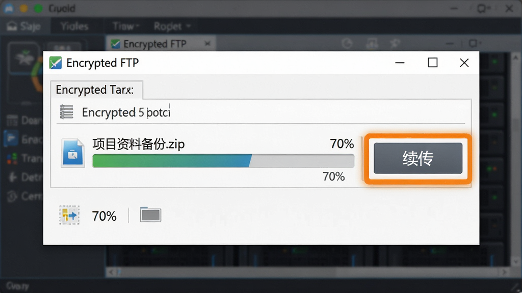һ��Encrypted FTP����ִ�жϵ��������ܵĽ�ͼ������������������н��棬һ���ļ���Ϊ����Ŀ���ϱ���.zip���Ĵ��������������ʾΪ70%���Ա���һ����Ŀ�ġ���������ť��������ʾ������Ϊģ�������������ڣ����־۽��ڶ�����壬���дʵ��ϸ�����������ʸ��壬ͼƬ����ʾ�������ơ�Encrypted FTP��