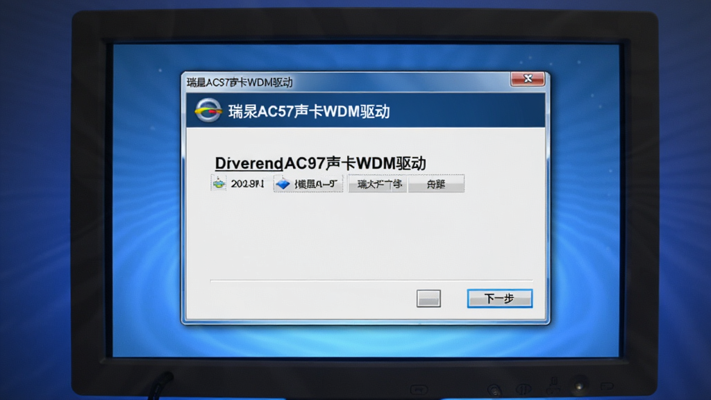 ͼƬչʾ����AC97����WDM�����İ�װ���棬����Ϊ������Ļ����ʾ��������װ�򵼴��ڣ��������С�����AC97����WDM�����������͡���һ������ť����������ĻΪ���ģ���Χ����͵���ɫ������Ч���Ű�����������Ԫ�ع��������дʵ��ϸ�ڷḻ�����������ɾ����޶���Ԫ�ء�