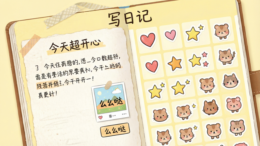 ���壺�򿪵��������ʱ༭ҳ�棬������ռ����������Ҳ�����ֽ�زĿ⣬�����С�д�ռǡ����⡣���֣����ҷ�������ֽ�زĿ�������չʾ������Ϊǳ��ɫ���Ű棺�ռ��������ֺͲ���ͼƬ��ť����ֽ���а��ġ����ǡ�С����ȡ�����ֻ�磬ɫ����ů��ֽ������������ϸ�ڣ��ռǱ��⡰���쳬���ġ�����ֽ���С�ôô�ա����������ʣ����壬�ɾ����޶���Ԫ�ء�