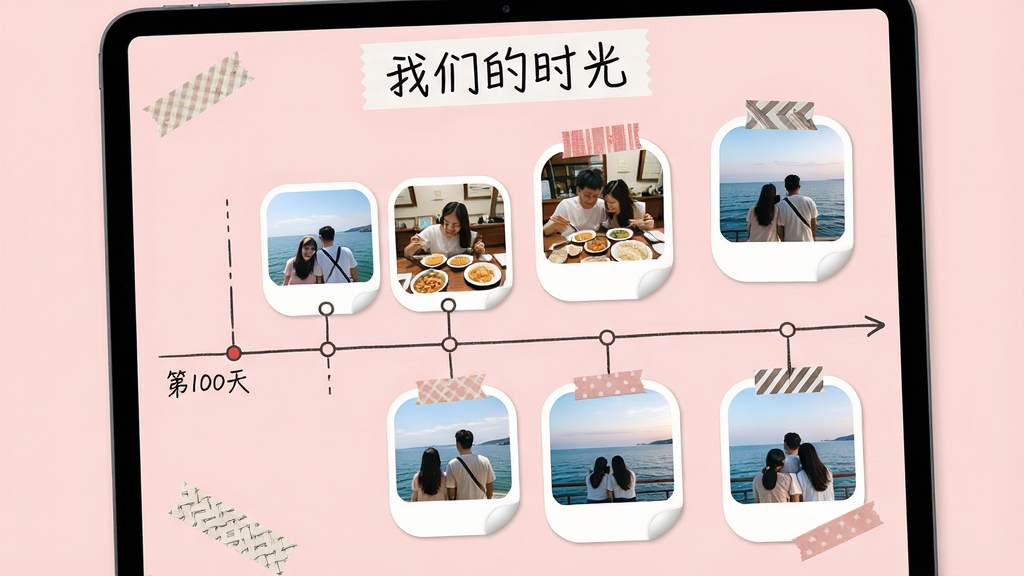 ���壺ƽ�����չʾ�������ʵ�ʱ����ҳ�棬���Ϊʱ���ߣ��Ҳ�Ϊ��Ƭ����ͼ�������С����ǵ�ʱ�⡱���⡣���֣�����ʱ���ᣬ��Ƭ�������£�����Ϊ����ɫ���Ű棺ʱ��ڵ���������Ƭ��Բ�Ǳ߿��������ա��������ƴ���磬���佺������ֽԪ�ء�ϸ�ڣ���Ƭ�����������С��Է��������ȳ�����ʱ�����ϱ�ע����100�족�����ʣ����壬�ɾ����޶���Ԫ�ء�