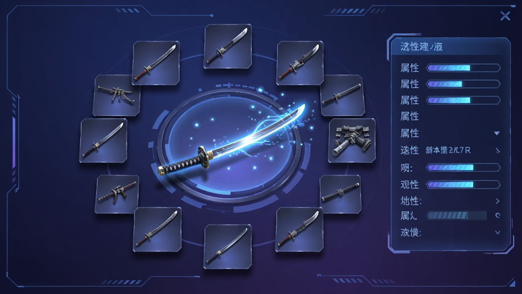 主体:武器选择界面,展示多种武器模型,中心是发光的武士刀;布局:武器呈环形排列,中心为当前选中武器,右侧显示属性面板;排版:武器图标悬浮,带阴影,属性面板简洁;风格:科幻与古代结合,UI蓝紫色调,有科技感线条;细节:武士刀刀刃有流光,周围有粒子光点,属性条用能量槽表示;画质:高清渲染,金属质感真实,干净,无多余元素