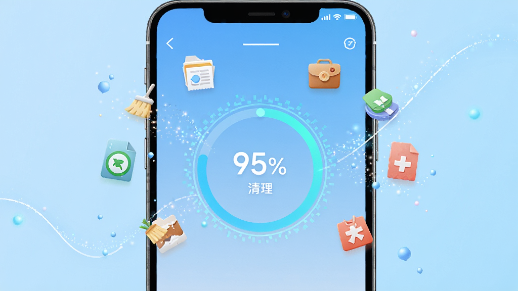 平行帮清理加速功能展示图,主体为手机屏幕显示清理结果界面,界面中央有圆形进度环显示清理百分比,周围围绕各类垃圾文件类型的图标,背景为清爽的浅蓝色渐变,布局简洁,风格明亮,细节有粒子特效表示清理过程,画质干净,无多余元素