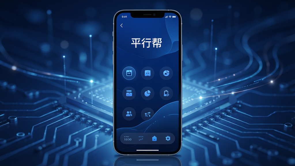 现代科技感风格的手机应用主视觉图,主体为一部智能手机屏幕展示平行帮软件界面,界面以深蓝色为主色调,配有简洁的功能图标和流畅的线条设计,背景为抽象的科技光效,布局居中,排版清晰,风格简约大气,细节包含光影反射,画质高清,干净,无多余元素