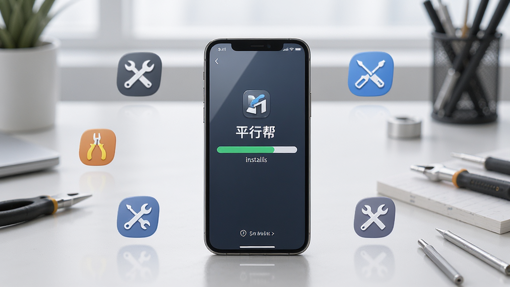 平行帮使用教程场景图,主体为一部手机正在下载安装平行帮,屏幕显示安装进度条,周围有工具图标,背景为简约的工作台,布局中心,风格写实,细节有光线反射,画质干净,无多余元素