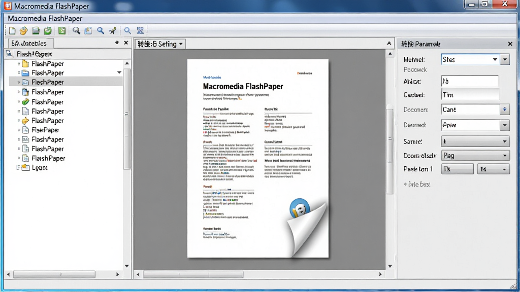 ���壺Macromedia FlashPaper �������漰ת������ĵ�Ԥ��Ч�������֣����Ϊ�ļ��б����Ҳ�Ϊת���������ã��м���ʾ�ĵ�����ͼ���Ű棺�����Ĺ��ܷ�������ť�������򣻷�񣺼��ʵ�õ������������ϸ�ڣ������Ϸ���ʾ�˵����͹��������ĵ�����ͼ���з�ҳЧ�������ʣ����壬�ɾ����޶���Ԫ��