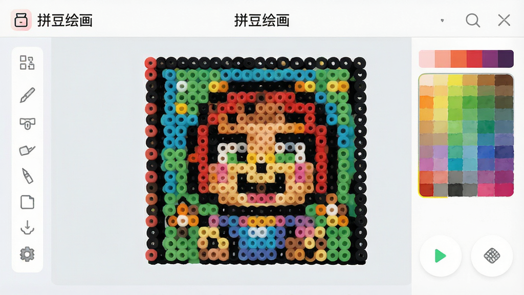 一张展示拼豆绘画软件主界面的手机截图,屏幕中央显示一幅色彩鲜艳的像素拼豆画作,周围环绕着工具栏和色板,界面简洁明亮,背景为淡雅的浅灰色,整体风格清新现代,细节清晰,画质干净,无多余元素,带有“拼豆绘画”文字标识
