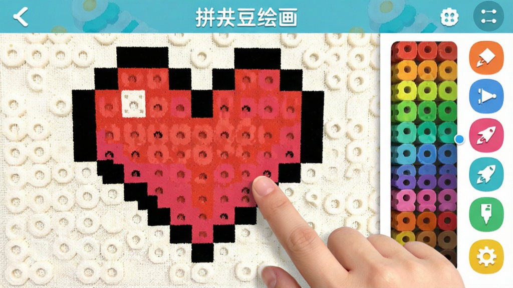 拼豆绘画自由创作模式操作界面,画布上显示一个正在绘制的像素心形图案,右侧为纵向色板和工具按钮,用户手指正在点击屏幕,界面色彩丰富,布局合理,画质细腻,无多余元素,带有“拼豆绘画”文字