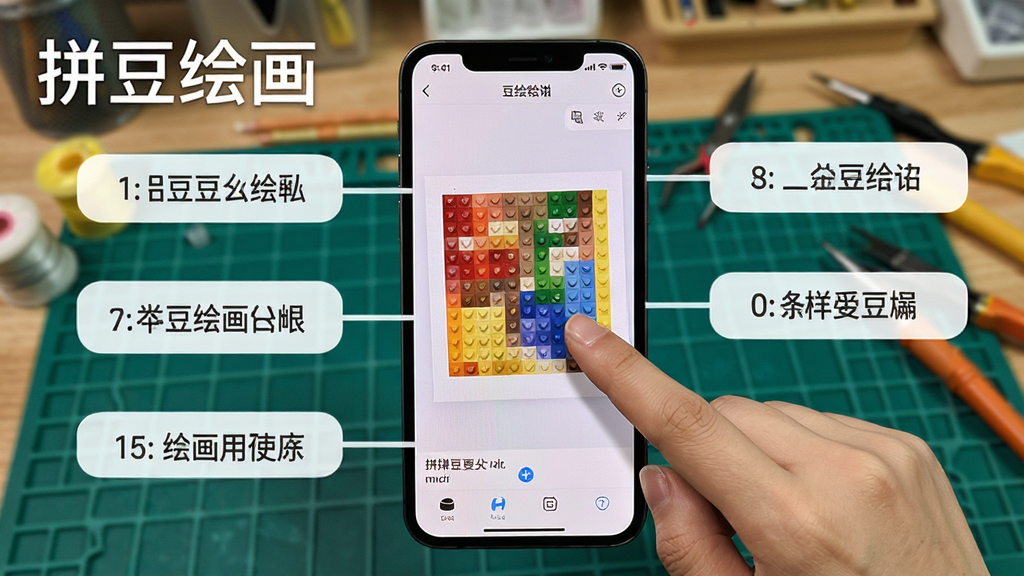 拼豆绘画使用教程步骤图,手机屏幕显示软件操作界面,手指正在点击画布上的色块,旁边有文字标注步骤,背景为工作台,整体风格实用,画质清晰,无多余元素,带有“拼豆绘画”字样