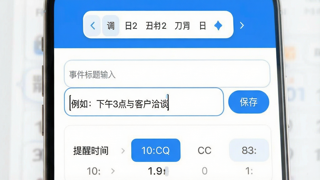 ���壺�����ճ�����APP���ճ̴���ҳ�档���֣����涥����ʾ����ѡ�������м����¼�����������·�������ʱ��ѡ��Ű棺����Ԫ�ش�ֱ���У��Ҳ��С����桱��ť�������ˬ��������ɫ��Բ�������ϸ�ڣ����������ʾʾ�����֡����磺����3����ͻ�Ǣ̸����ʱ��ѡ����������ʾ�����ʣ�����ϸ�壬�ɾ����޶���Ԫ�ء�