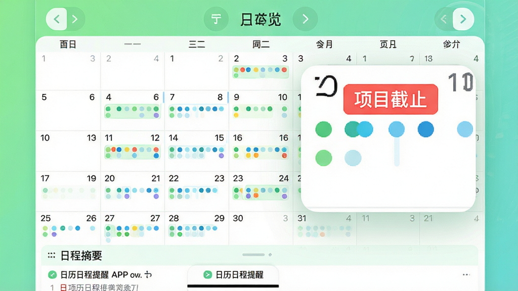 ���壺�����ճ�����APP����������ͼ�����֣�������Ļ��ʾһ��������ÿ�����ڷ������ò�ͬ��ɫСԲ�����ճ����͡��Ű棺�������·��л���ͷ���ײ����ճ��б�ժҪ���������ǳɫϵ����ɫ����ɫΪ����ϸ�ڣ�����һ�����ڱ��Ŵ���ʾ����ע����Ŀ��ֹ����ɫ��ǩ�����ʣ�����ͨ͸���ɾ����޶���Ԫ�ء�