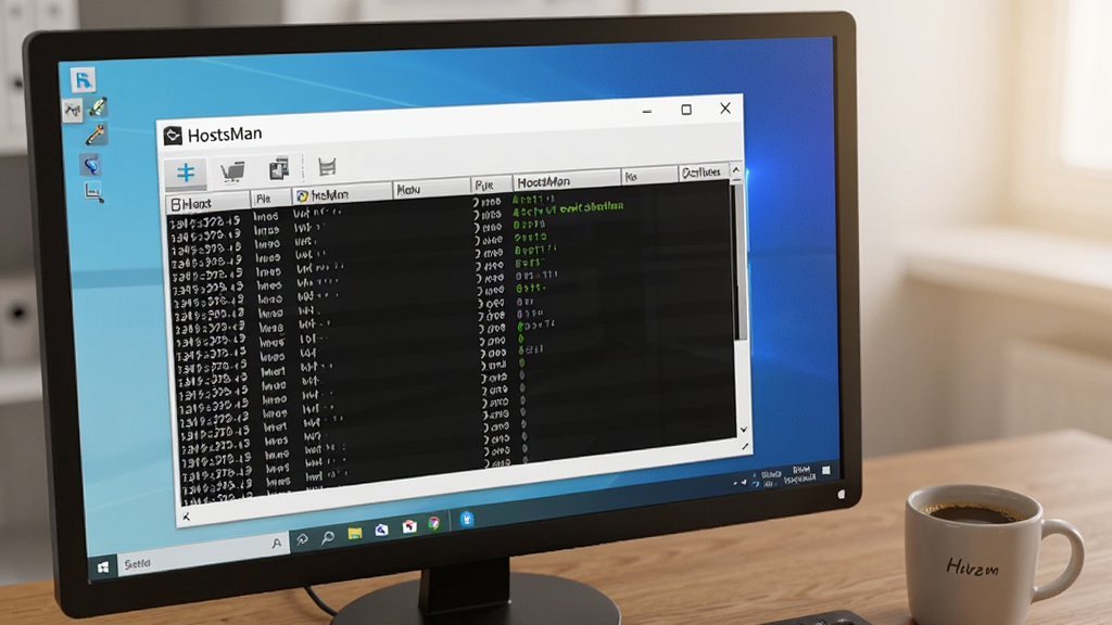 һ��չʾHostsMan��Windows���������е�ʵ��ͼƬ����Ļ��HostsMan���ڴ򿪣���ʾHosts�б����Ա߷���һ�����ȣ�����Ϊ�칫�����������������������������Ȼ���޶���Ԫ��