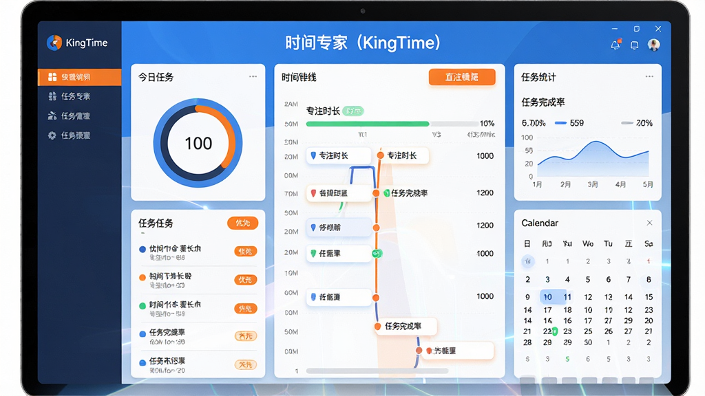 ���壺ʱ��ר�ң�KingTime�����������棬��ʾһ�������Ǳ��̣����л���ʱ��ͳ��ͼ�������б���������ͼ�����֣����Ϊ���ܵ��������м�Ϊ����������ʱ���ߣ��Ҳ�Ϊͳ����壻�Ű棺�ִ���ƽ����ƣ���Ƭʽģ�飬ɫ��������Ϊ���������ɫ������ť����񣺿Ƽ��С�רҵ����ˬ��ϸ�ڣ�ʱ�������в�ɫ������������������ȼ���ǩ��ͳ��ͼ����ʾ��רעʱ�����͡���������ʡ������ʣ����壬�ɾ����޶���Ԫ�أ���Ļ������ʾ�������ơ�ʱ��ר�ң�KingTime����