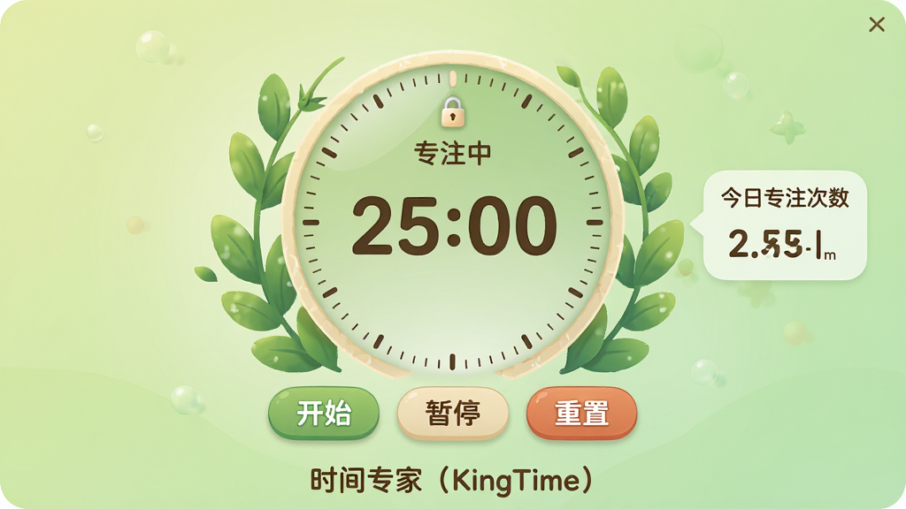 ���壺ʱ��ר�ң�KingTime���ķ����ӽ��棬������һ������Բ�μ�ʱ������ʾ��25:00������Χ����Ҷ���ƣ����֣���ʱ�����У��·��С���ʼ������ͣ�������á���ť���Ҳ��н���רע����ͳ�ƣ��Ű棺��ܰ������񣬱���Ϊǳ��ɫ���䣬����Բ��ϸ�ڣ���ʱ����Ե��ϸС�Ŀ̶ȣ�������ʾ��רע�С�״̬������һ��С��ͼ���ʾ�����θ��ţ����ʣ��ɾ����޶���Ԫ�أ��������ơ�ʱ��ר�ң�KingTime�������ڵײ�