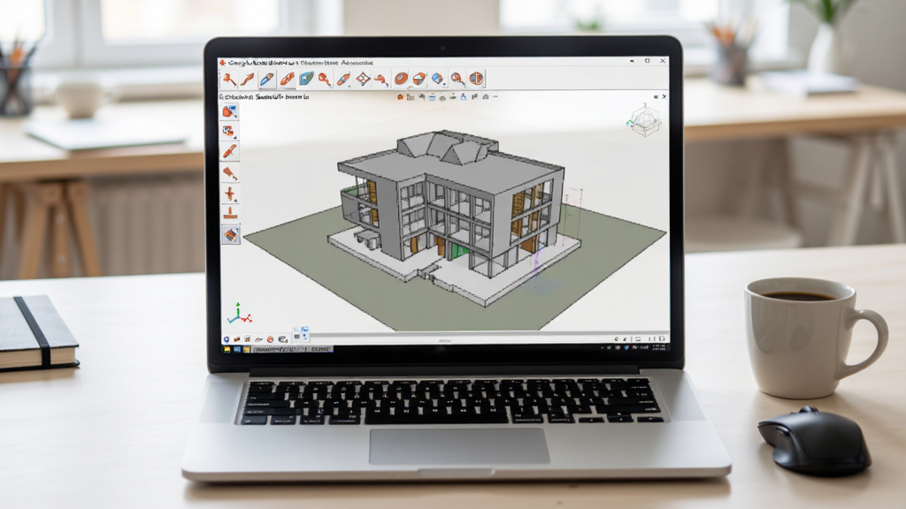���壺һ̨�ʼǱ�������������Google SketchUp��������Ļ��ʾһ������ģ�ͣ��Ա߷������Ϳ��ȱ������֣����������������룬����Ϊ��๤��̨���Ű棺����ɾ����۽���Ļ����������������Ȼ�⣻ϸ�ڣ���Ļ��ģ��ϸ�����������̿ɼ������ʣ����壬�ɾ��޶���Ԫ��