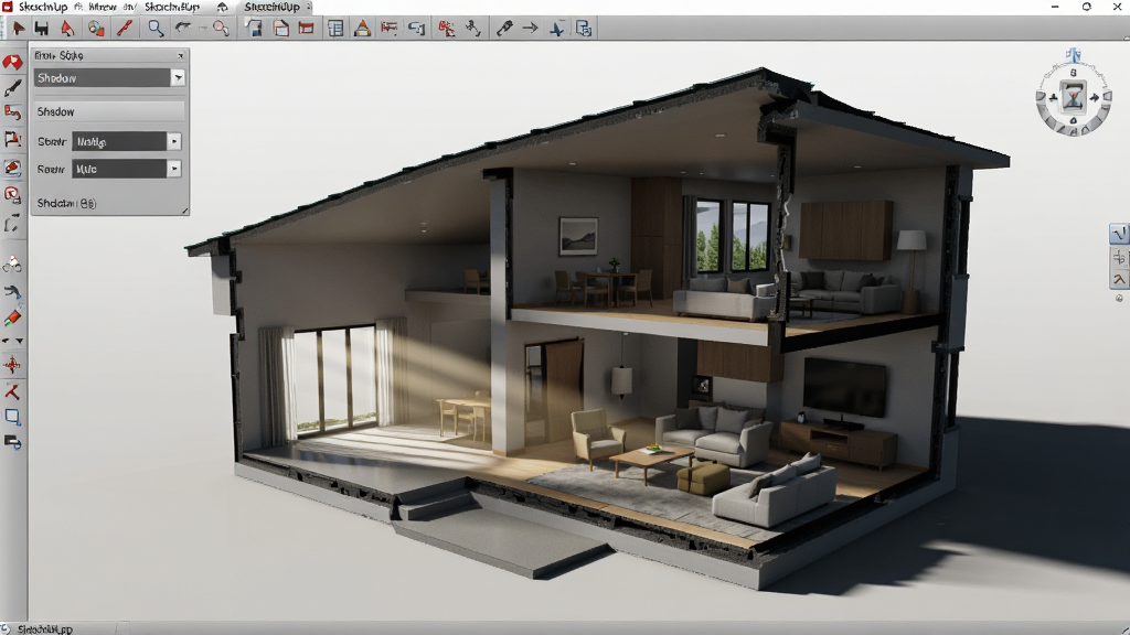 ���壺SketchUp������һ������ģ�ͣ�������Ӱģʽ����ʾ����Ӵ�������Ĺ�ӰЧ����ͬʱ������������ʾ�ڲ����֣����֣����ӿ���ʾģ�ͣ����Ͻ�����Ӱ������壻�Ű棺����רҵ����Ӱ��Ȼ�����дʵ��Ⱦ����Ӱ��ʵ��ϸ�ڣ�ǽ������ɼ����Ҿ߰ڷ����������ʣ����壬�޶���Ԫ��