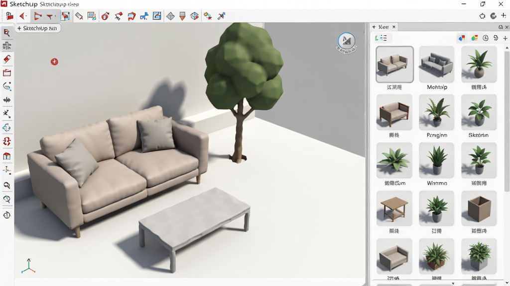 ���壺SketchUp�������棬�Ҳ�չ���������壬��ʾ�Ҿߡ�ֲ���3Dģ������ͼ���ӿ��аڷ���ɳ������ľģ�ͣ����֣�����ӿڣ��Ҳ�����⣻�Ű棺����������������ͼ�������У�����ִ���Լ��ɫ����ͣ�ϸ�ڣ�ģ�ʹ�����Ӱ���������������ʣ�4K���ɾ��޶���Ԫ��