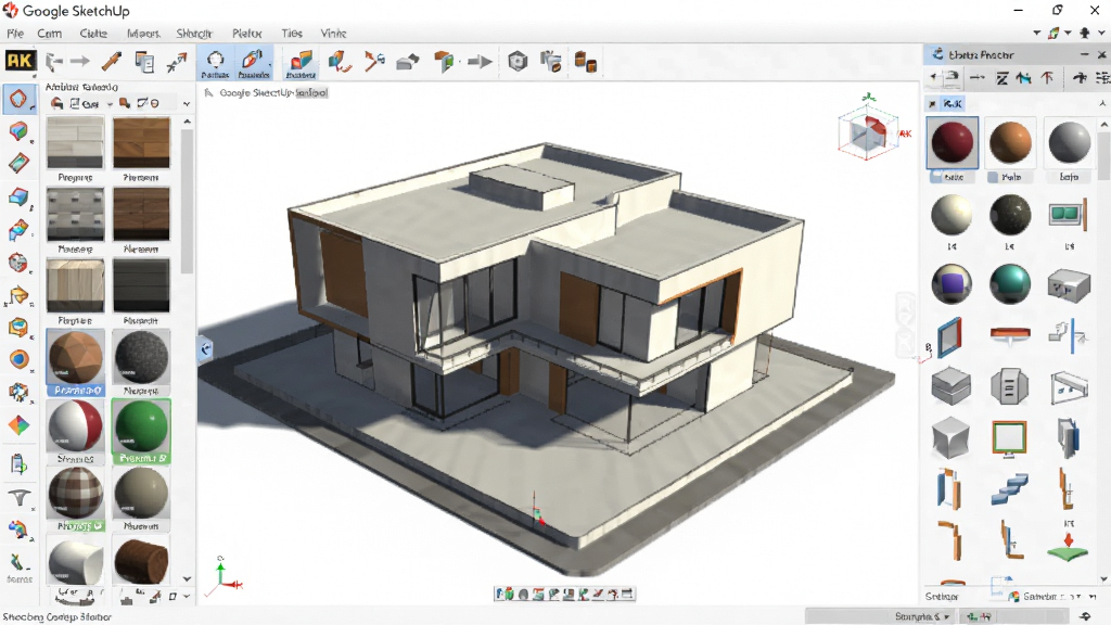 ���壺Google SketchUp�������棬��ʾһ�����ڴ���ִ�����3Dģ�ͣ���Χ�в��ʿ�������壻���֣���๤������������ӿڣ��Ҳ���壬�ײ�״̬�����Ű棺�����Ĺ��ܷ������������ࣻ��񣺿Ƽ��У�����ɫ����������ʵ��ͼ���ϸ�ڣ�ģ�ʹ��й�ӰЧ����������ͼ��������������ɼ������ʣ�4K���壬�ɾ��޶���Ԫ��
