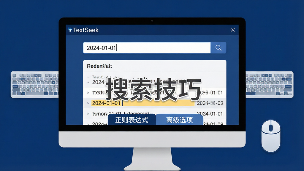 ���壺TextSeek�����ڵ�����չʾ�������ɣ���Ļ���С�TextSeek���͡��������ɡ����֡����֣�������Ļ���У�����Ϊ����ɫ����Ļ����ʾ������ͽ���б�����Χ�м��̺����ͼ�ꡣ�Ű棺��Ļ�·��С��������ʽ���͡��߼�ѡ���ǩ�����רҵ�����ȡ�������ϸ�ڣ������������롰2024-01-01��������и�����ʾ���ڡ����ʣ����壬�ɾ����޶���Ԫ�ء�