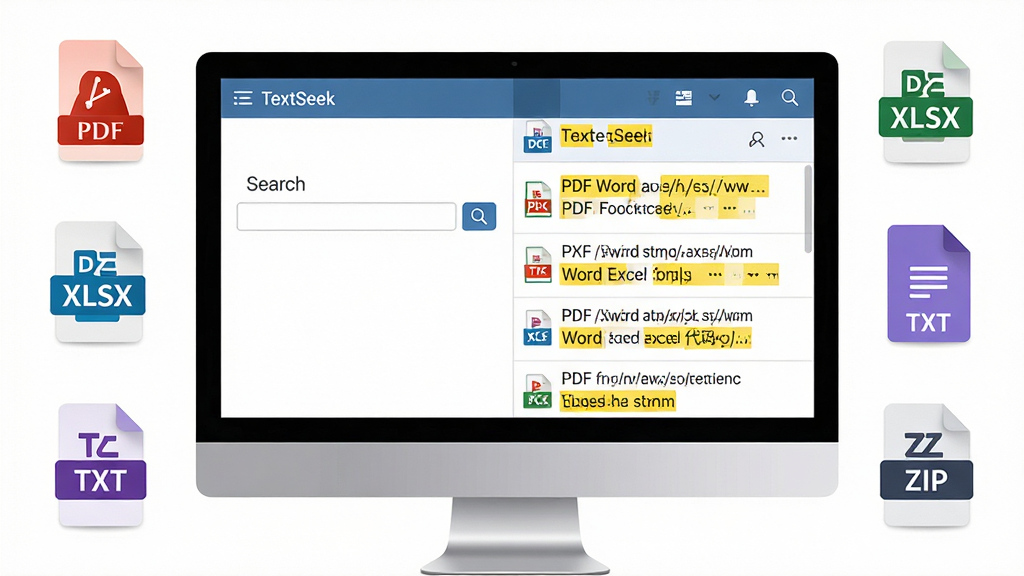 ���壺TextSeek�����ڵ�����չʾ�����ļ���ʽ�������������Ļ���С�TextSeek���͡�PDF Word Excel ���롱�����֡����֣�������Ļ���У���Χ�����Ÿ����ļ�ͼ�꣬��PDF��DOCX��XLSX��TXT��ZIP���Ű棺��Ļ���Ϊ�������Ҳ�Ϊ����б���ÿ������·���ʾ�ļ�·���͹ؼ��ʸ���Ƭ�Ρ�������񡢼�ࡢ������ϸ�ڣ��ļ�ͼ����и�ʽ��ʶ������Ƭ���û�ɫ������������ʣ����壬�ɾ����޶���Ԫ�ء�