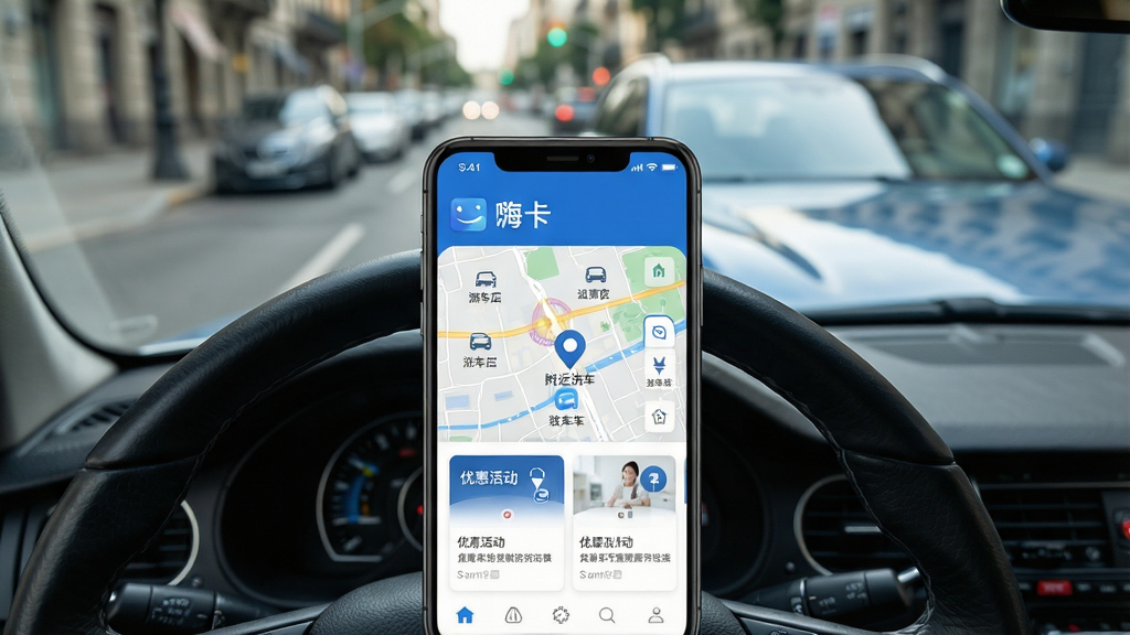 һ�������ֻ���Ļ����д����Ļ��������ʾ���˿���APP�Ľ��棬��������ɫ��Ϊ����չʾ����ϴ����ĵ�ͼ�ֲ����Żݻ��Ƭ���ֻ������ڷ�����ǰ���������黯�ĳ��нֵ���һ���ɾ���������������ʾ��ݵ�ϴ����������ͻ�������ָɾ�����ҵ��Ʒ��񣬸��廭�ʣ�ϸ�ڷḻ���޶���Ԫ�ء�