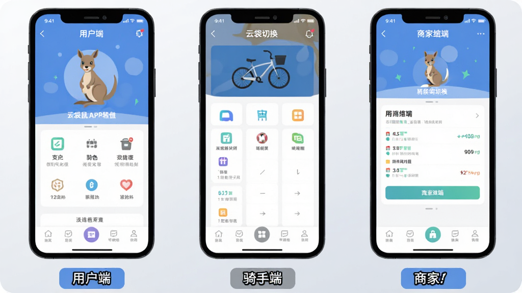 �ƴ���APP���ɫ�л�������ʾͼ������Ϊ�������ŵ������ֻ����ֱ�չʾ�û��ˡ����ֶˡ��̼Ҷ˵Ľ�����죬���ֲ��ú���Ⱦ����У�ÿ���ֻ��·����ж�Ӧ��ɫ���Ʊ�ǩ�����Ϊ��ƽ���廭�磬ϸ��ͻ��������ɫ����ͼ�꣬����Ϊ��͵�ǳ��ɫ���䣬���ʸɾ����޶���Ԫ��