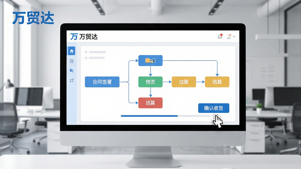 ���壺������Ļչʾ��ó���̨�������̹������棬������ͬǩ�������������ģ�飻���֣���Ļ���У�����Ϊ�ִ��칫�ң��Ű棺���̽ڵ�������ͼ��ʽչʾ��ɫ�����ֲ�ͬ״̬�����Ͻ��С���ó�LOGO����񣺱�ƽ����ƣ������Լ��������ɫ��ϸ�ڣ����ָ����ͣ�ڡ�ȷ���ջ�����ť�ϣ������н����������ʣ����壬ɫ����ͣ��ɾ����޶���Ԫ�ء�