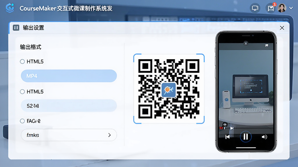 CourseMaker����ʽ΢������ϵͳ�������ý��棬��ʾ�����ʽѡ�����HTML5��MP4�ȣ��Ҳ��ж�ά��Ԥ�����ֻ�ģ��չʾ����Ч����������࣬�Ƽ��У����壬�޶���Ԫ��