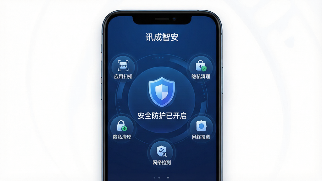 ��������Ϊһ�������ֻ���Ļչʾ��Ѷ���ǰ��������棬�����������ɫ�Ƽ����������ʾ����ͼ���롰��ȫ�����ѿ�������������Χ������Ӧ��ɨ�衢��˽�������������Բ�ι�����ڡ��������ֻ���ĻΪ���ģ��������ף��Ű������������Ϊ�ִ���ƽ��UI��ƣ�ϸ�ڰ���ϸ΢�Ľ����ӰЧ�������ʸ���ɾ����޶���Ԫ�ء�