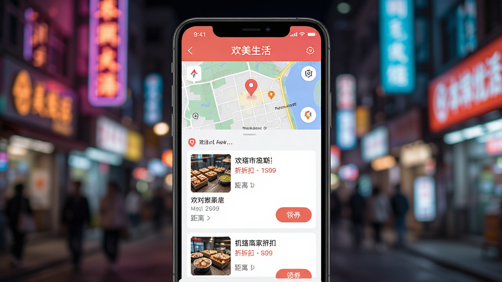 ��������Ϊ�ֻ���Ļչʾ��������������Ż�ҳ�棬ҳ�涥��Ϊ��ͼ��λ���·�Ϊ�̼ҿ�Ƭ�б�����Ƭ����ʾ�̼����ơ��ۿ���Ϣ����������ȯ��ť������Ϊģ���ķ����־���ҹ���޺�Ƶ�׺��UI����ִ���ɫ�����죬�Ű����������ʸ��壬ͻ�����������Żݵķḻ��ʵ�ݡ�