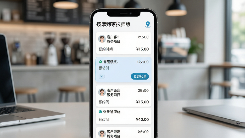 �ֻ��������棬������ʾ����Ħ���Ҽ�ʦ�桱�����Ͷ�λͼ�꣬�·��Կ�Ƭ�б���ʽ���ж�����Ӷ�����ÿ�ſ�Ƭ��ʾ�ͻ����롢������Ŀ��ԤԼʱ���Ԥ���۸�����һ�ſ�Ƭ������ʾ��������������ť���ֻ����ڼ��칫���ϣ�����Ϊģ�����ִ����ȵ껷������ͼͻ����Ļ���ݣ��Ű����룬���ΪUI�����ͼ�磬���������ɾ����޶���Ԫ��
